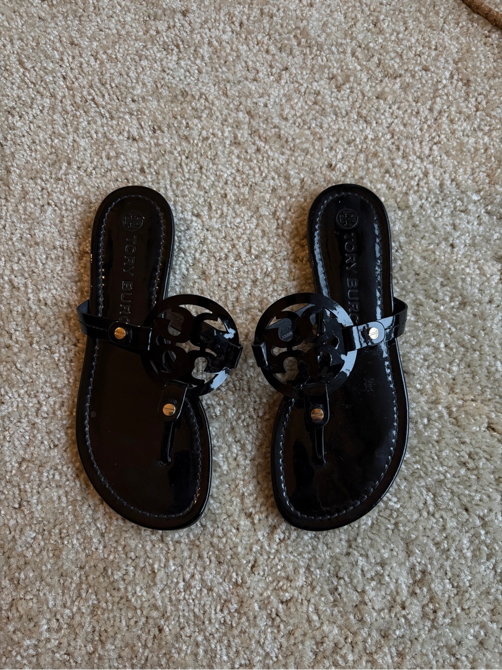 Tory Burch Black Patent Miller Logo Thong Sandals